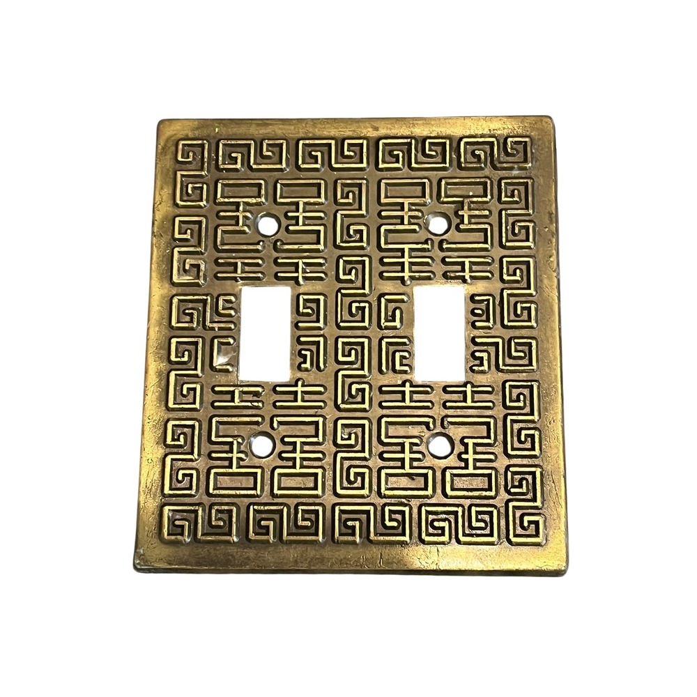 Vintage Edmar 80-TT Brass Double Toggle Light Switch Plate Greek Key Labyrinth
